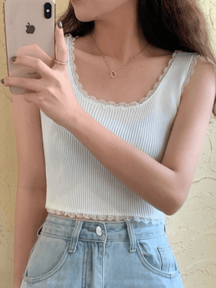 Lace Trim Crop Knit Tank Top - AnotherChill