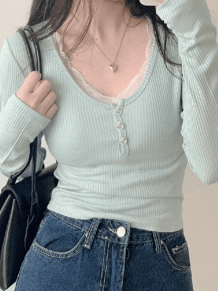 Lace Trim Knit Long Sleeve Crop Top - AnotherChill