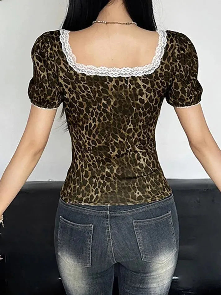 Lace Trim Leopard Print Square Neck Puff Sleeve Top - AnotherChill