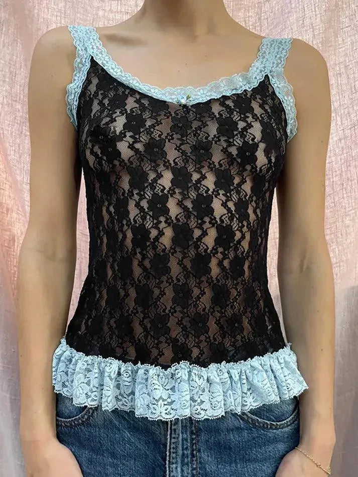 Lace Trim Sheer Mesh Cami Top - AnotherChill