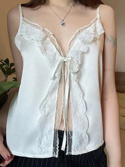 Lace Trim Tie V-Neck Tank Top - AnotherChill