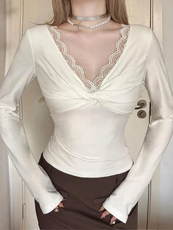 Lace Trim Twist Knot V-Neck Long Sleeve Top - AnotherChill