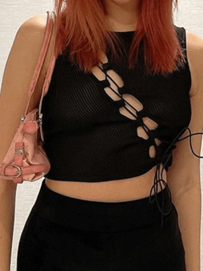 Lace Up Cutout Crop Tank Top - AnotherChill