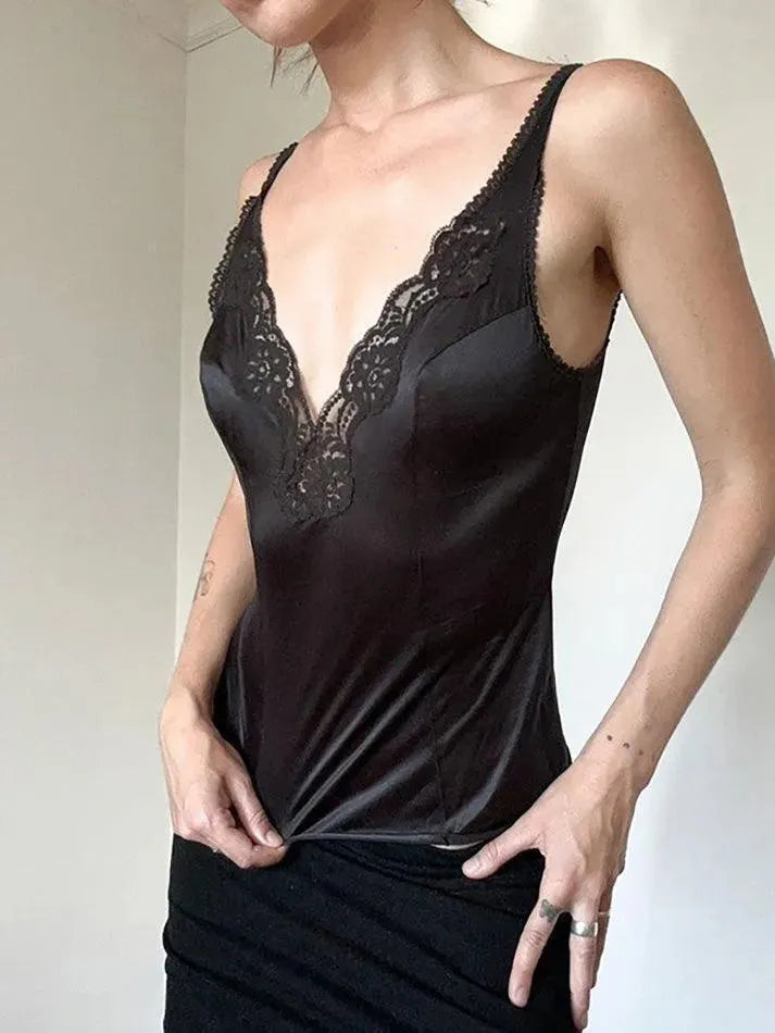 Lace V-Neck Satin Cami Top - AnotherChill