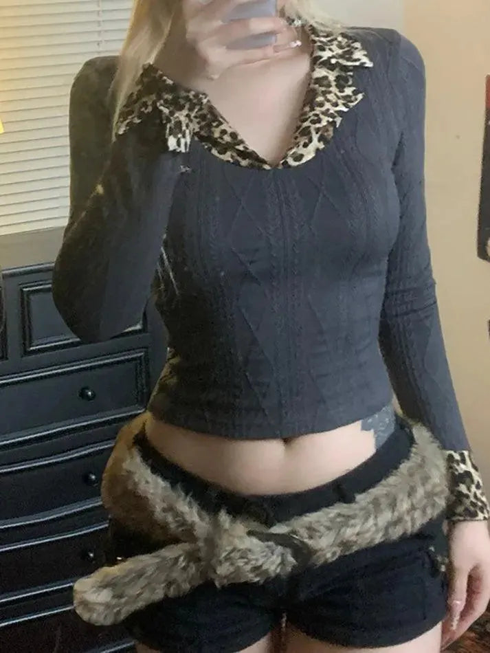 Leopard Print Collar Contrast Long Sleeve Top - AnotherChill