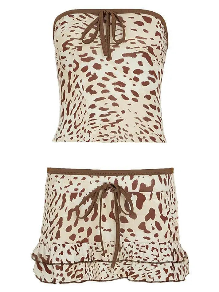 Leopard Print Tie Bandeau Mini Skirt Set - AnotherChill