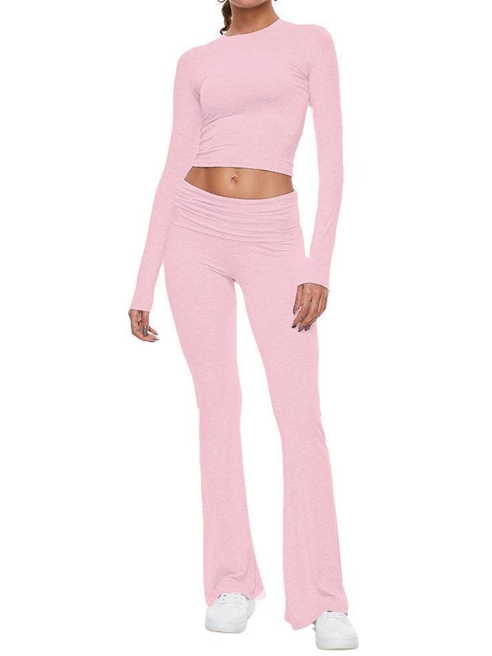 Long Sleeve Cropped Top Fold-over Flare Pants Set - AnotherChill