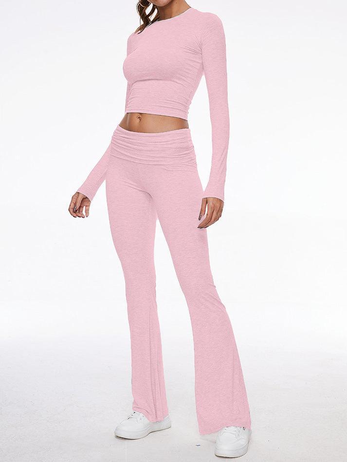 Long Sleeve Cropped Top Fold-over Flare Pants Set - AnotherChill