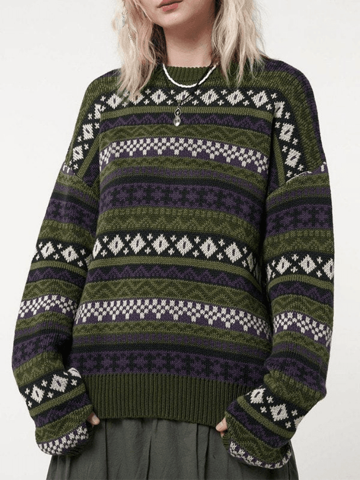 Long Sleeve Vintage Jacquard Sweater - AnotherChill