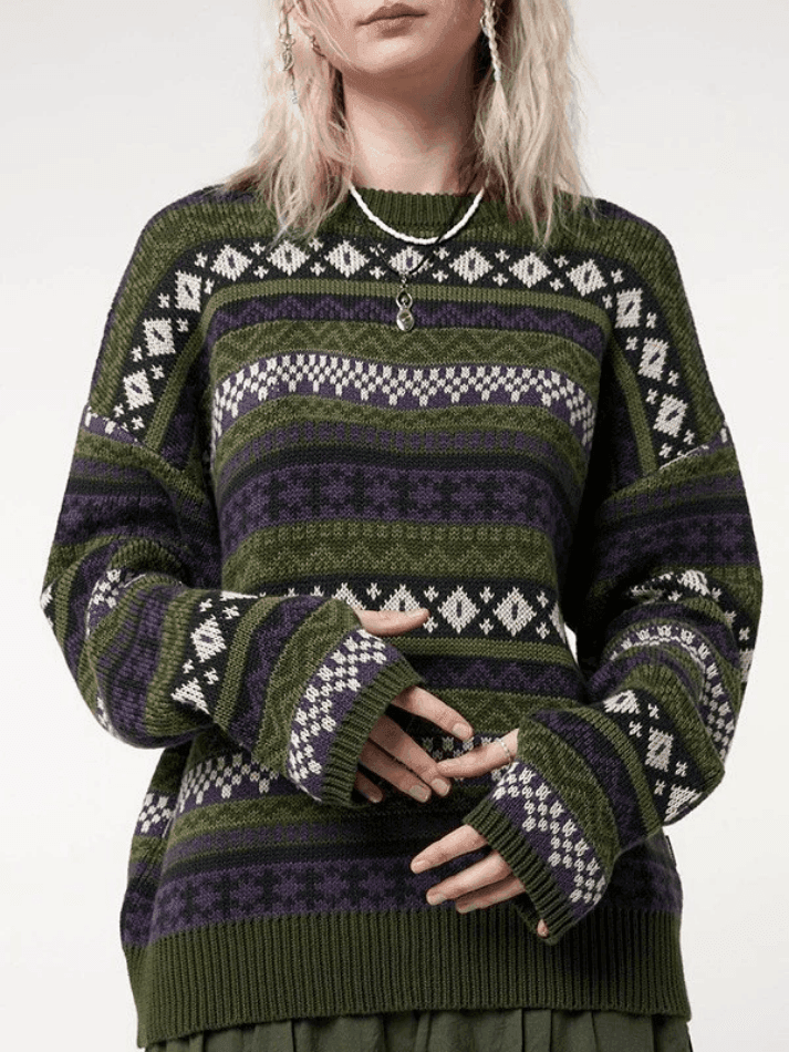 Long Sleeve Vintage Jacquard Sweater - AnotherChill