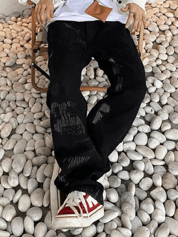 Men's Stitch Detail Distressed Black Loose Jeans - AnotherChill