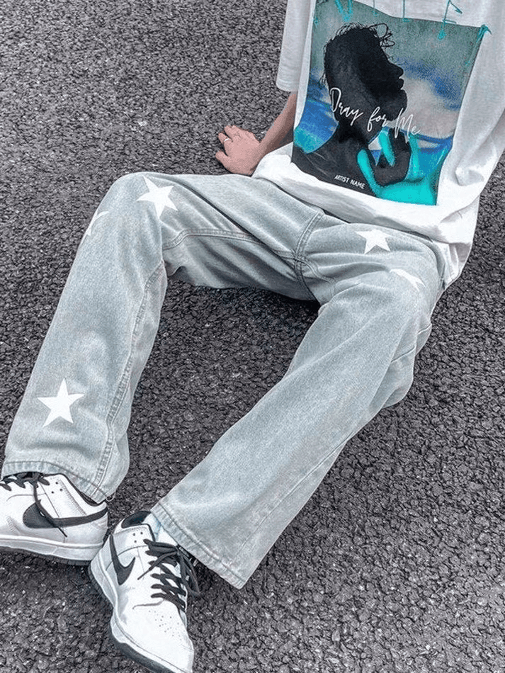 Men's Washed Star Graphic Loose Jeans - AnotherChill