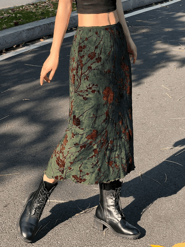 Mesh Lining Vintage Floral Midi Skirt - AnotherChill