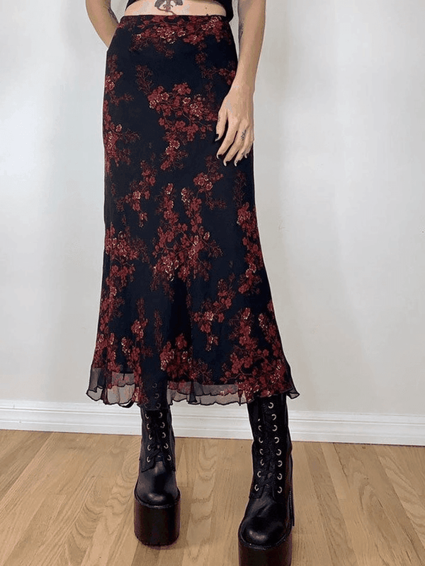 Mesh Paneled Floral Midi Skirt - AnotherChill