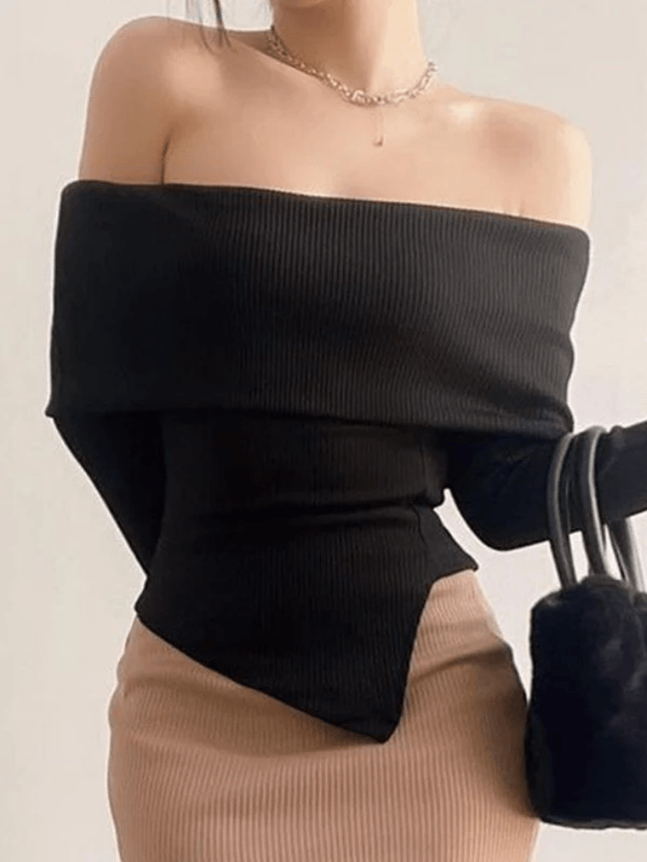 Off Shoulder Black Ribbed Long Sleeve Knit Top - AnotherChill