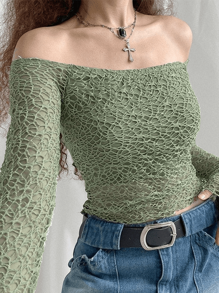 Off Shoulder Mesh Long Sleeve Blouse - AnotherChill