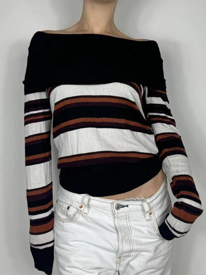 Off Shoulder Striped Print Sweaters - AnotherChill