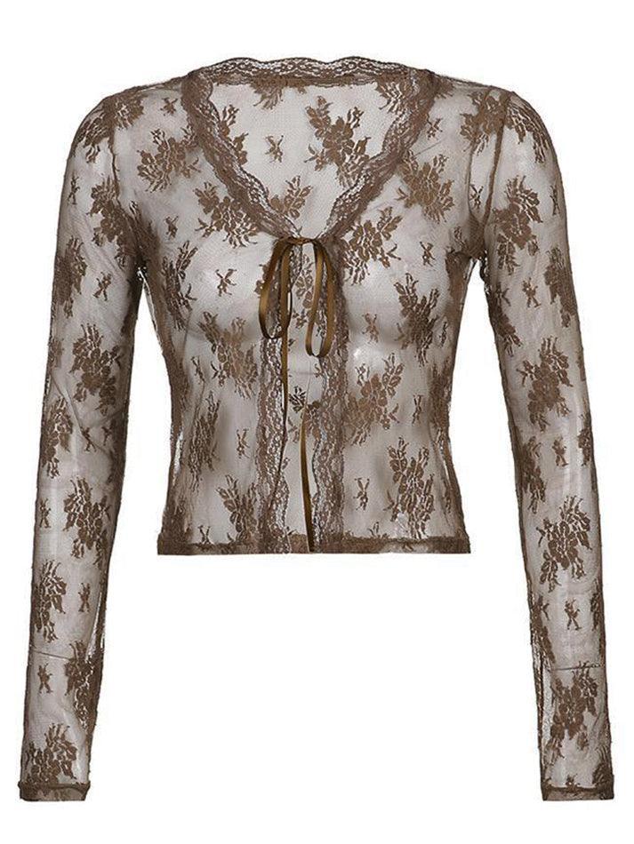 Open Front Lace Long Sleeve Crop Blouse - AnotherChill