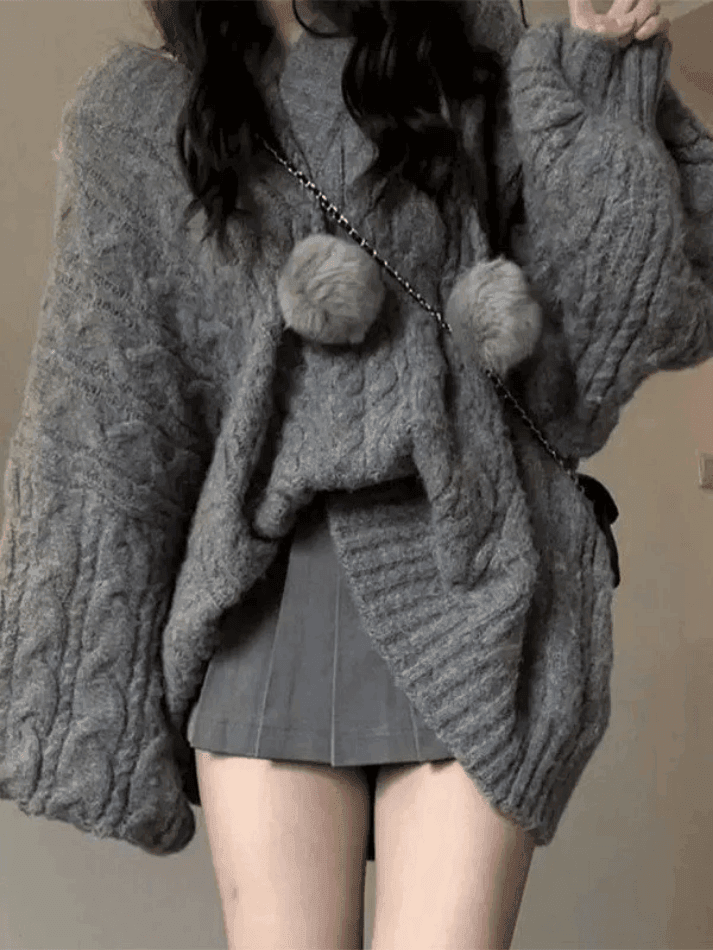 Oversize V Neck Gray Cable Knit Sweater - AnotherChill