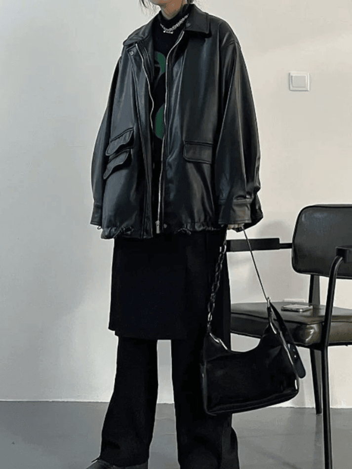 Oversized Black Faux Leather Jacket - AnotherChill