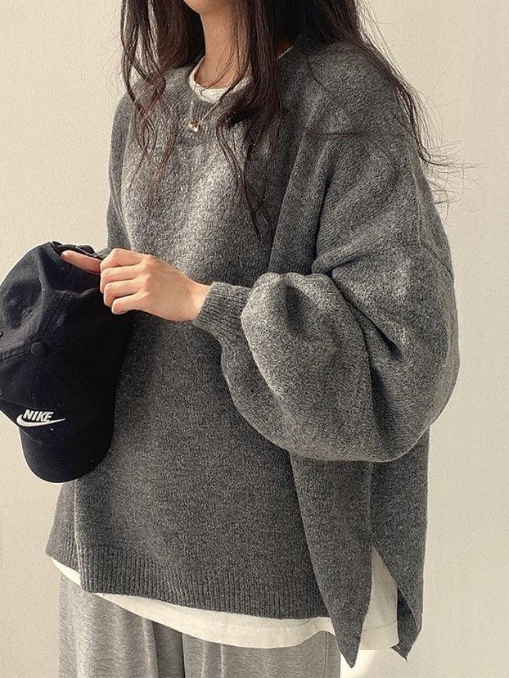 Oversized Split Hem Pullover Sweater - AnotherChill