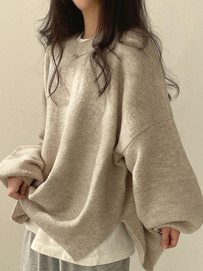 Oversized Split Hem Pullover Sweater - AnotherChill