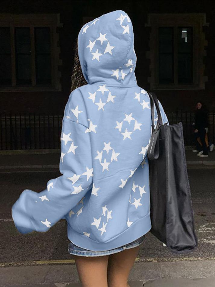 Oversized Star Print Zip Up Hoodie - AnotherChill