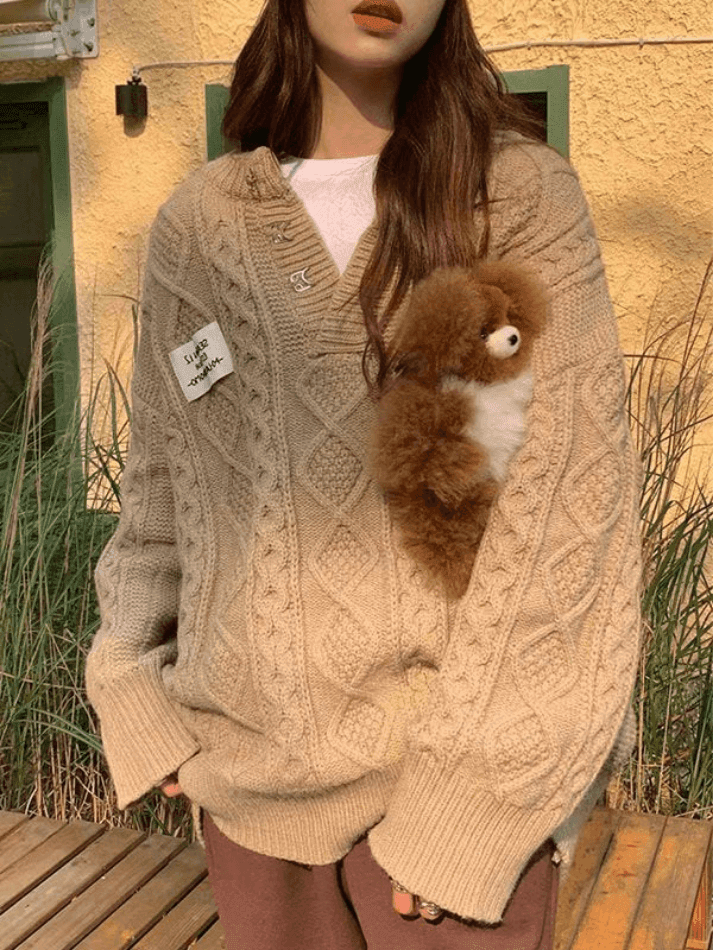 Oversized V Neck Cable Knit Sweater - AnotherChill