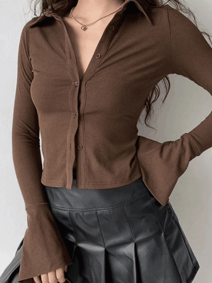 Polo Neck Long Sleeve Rib Blouse - AnotherChill