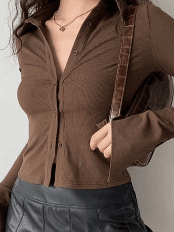 Polo Neck Long Sleeve Rib Blouse - AnotherChill