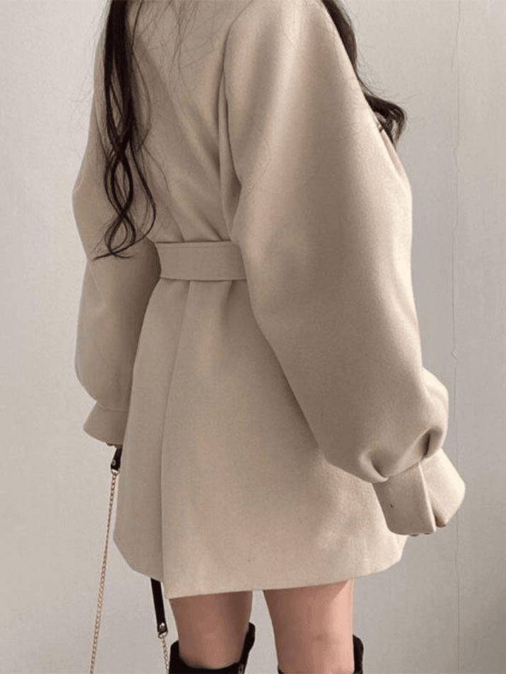 Puff Sleeve Belted Woolen Coat - AnotherChill