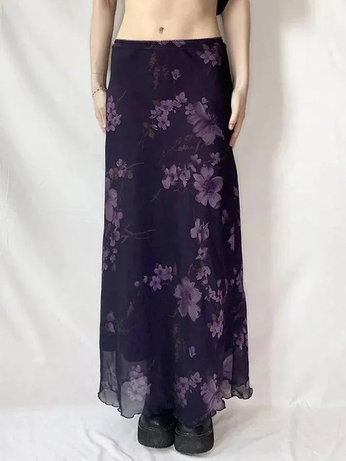 Purple Floral Print Mesh Maxi Dress - AnotherChill