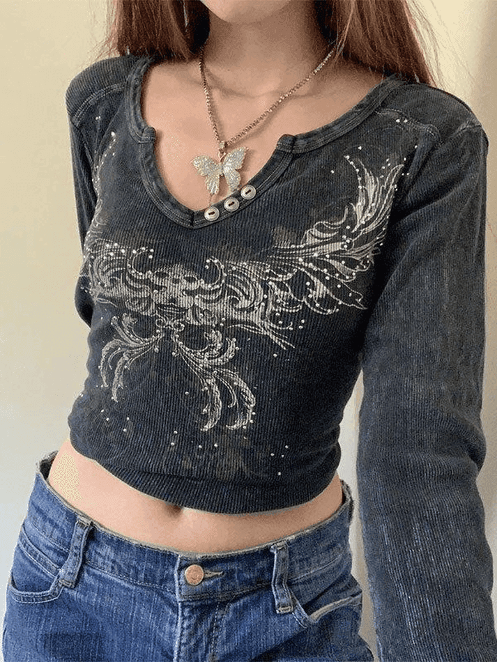 Rhinestone Detail Long Sleeve Crop Top - AnotherChill