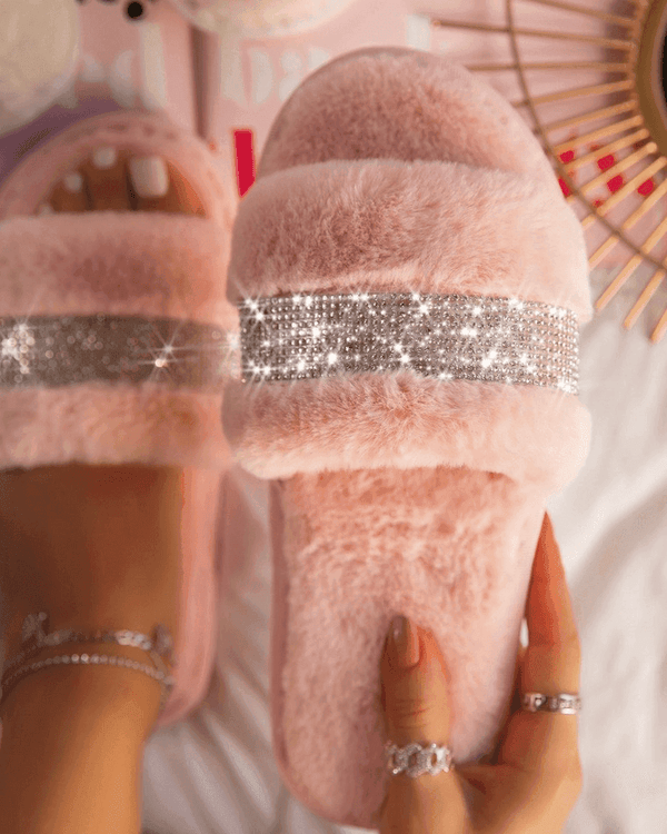 Rhinestone Fluff Flat Slippers - AnotherChill