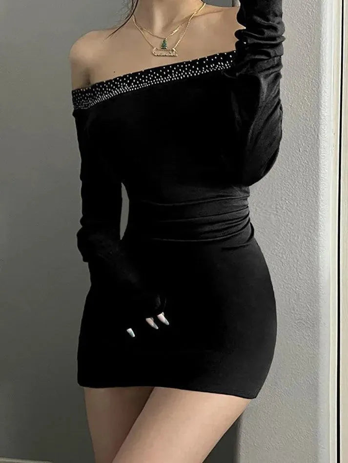 Rhinestone Off-Shoulder Ruched Long Sleeve Mini Dress - AnotherChill