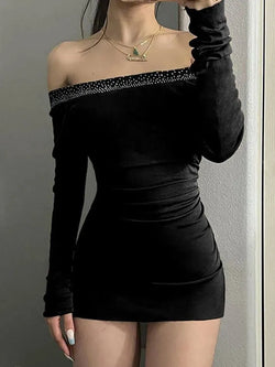 Rhinestone Off-Shoulder Ruched Long Sleeve Mini Dress - AnotherChill