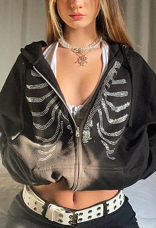 Rhinestone Skull Zipper Hoodie - AnotherChill