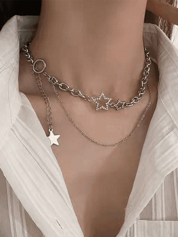 Rhinestone Star Decor Layered Chain Necklace - AnotherChill