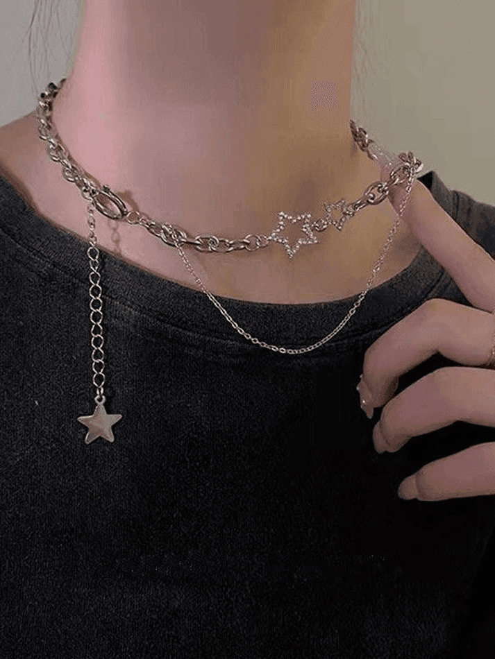 Rhinestone Star Decor Layered Chain Necklace - AnotherChill