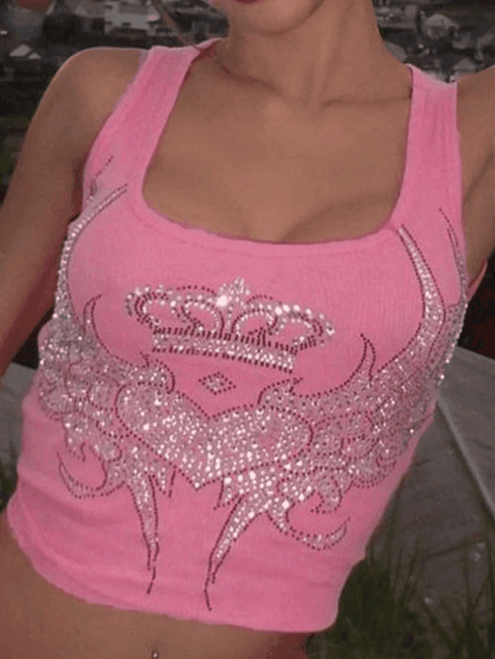 Rhinestone Winged Heart Ribbed Cropped Tank Top - AnotherChill