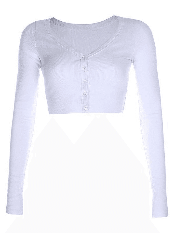 Ribbed Long Sleeve Button Crop Top - AnotherChill