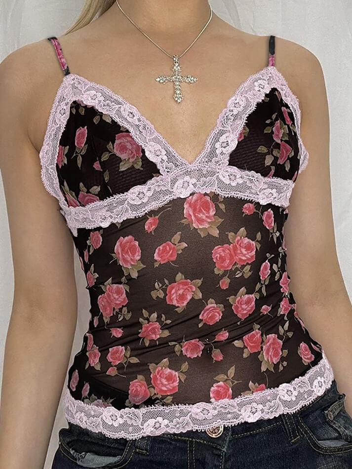 Rose Printed Lace Patchwork Mesh Cami Top - AnotherChill