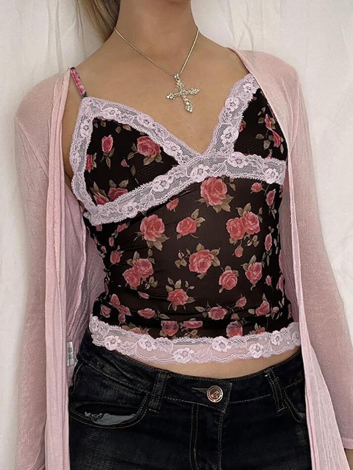 Rose Printed Lace Patchwork Mesh Cami Top - AnotherChill