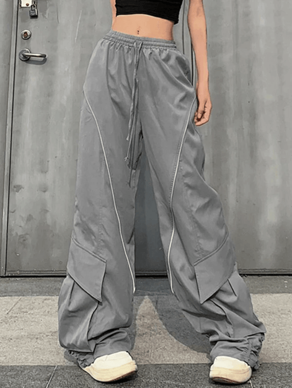 Ruched Piping Detail Wide Leg Parachute Pants - AnotherChill