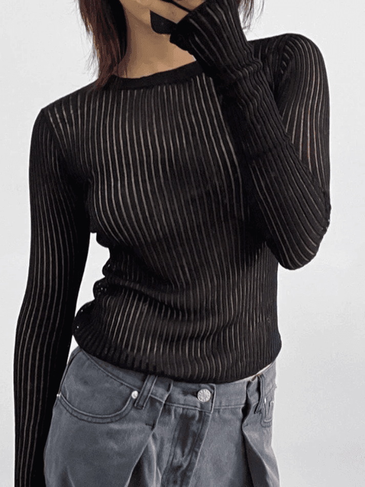 See Through Long Sleeve Ribbed Knit Top - AnotherChill