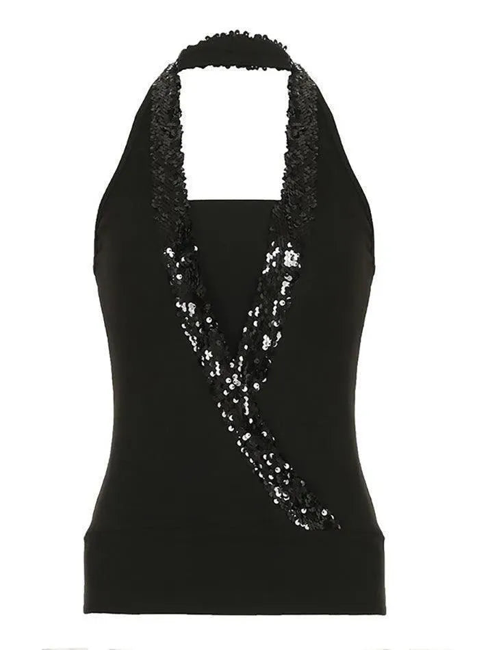 Sequin Halter Faux Two-Piece Tank Top - AnotherChill