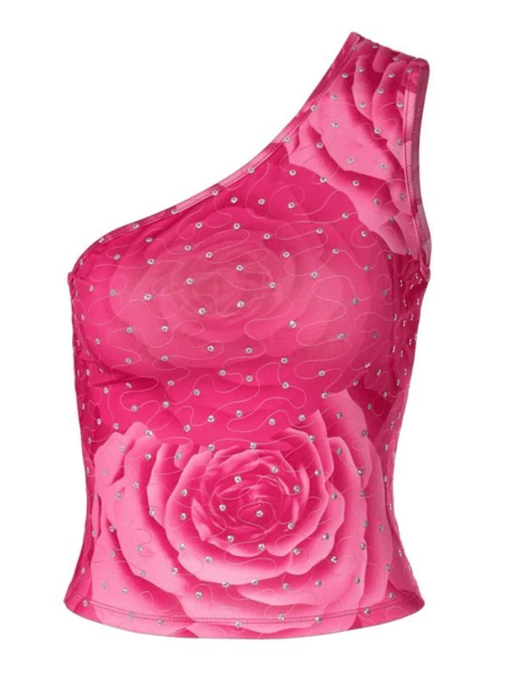 Sequin One Shoulder Floral Crop Tank Top - AnotherChill