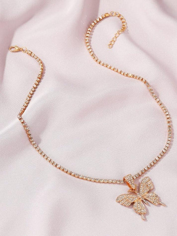 Shiny Rhinestone Butterfly Pendant Necklace - AnotherChill