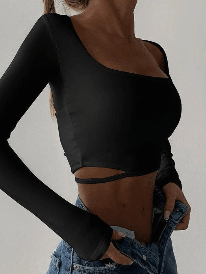 Simple Cutout Long Sleeve Crop Top - AnotherChill