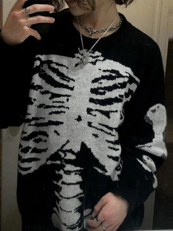 Skeleton Jacquard Black Pullover Sweater - AnotherChill